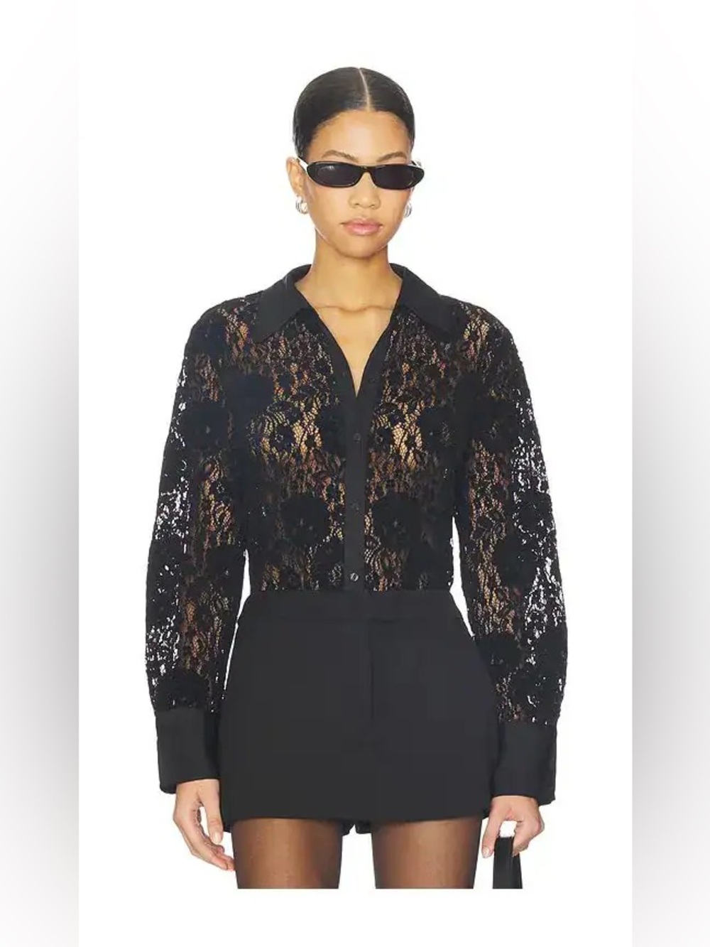 Free People Faith Lace Button-Up Shirt Black Sheer Lace Blouse size Small